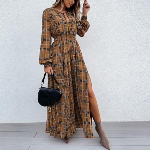 2021 New Ladies Plaid Printed A-Line Dress Spring Autumn Elegant V-Neck Lace-Up Commute Design Dresses Women Casual Slit Dress