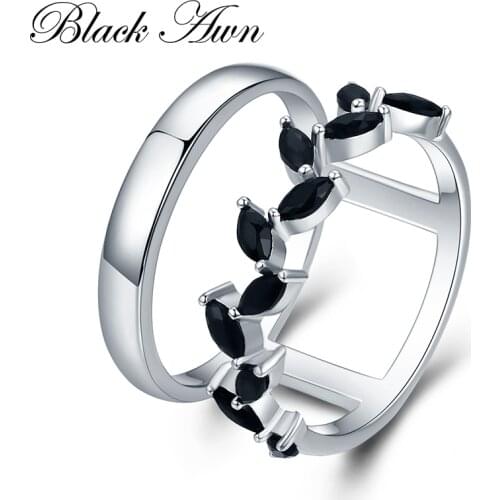 [BLACK AWN] Hyperbole 3.7g 925 Sterling Silver Fine Jewelry Trendy Engagement Bague Black Spinel Leaf Womens Wedding Ring G001