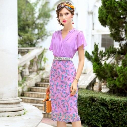 Office lady Fake two piece beading dress womens New summer and spring V-neck professional patchwork Embroidery skirt