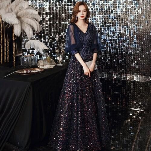 New Sequins Half Sleeves Evening Dress Elegant Deep V-Neck Embroidery A-Line Pleat Floor-Length Woman Formal Party Gowns A1279