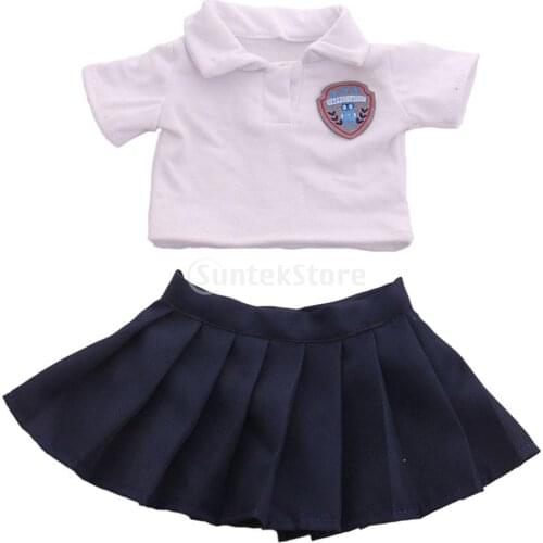 2pcs Fahion Girls T-shirt Skirt School Uniform Outfit Clothes Dress Suit Toys Set Fits 18 Inch Girl Doll Accessory