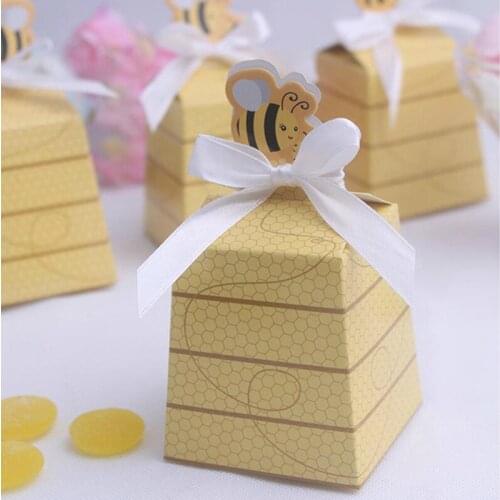 50pcs/lot Cute Little Bee Yellow Baby Shower Birthday Candy Box With White Ribbon DIY Yellow Trapezoid Shape Wedding Candy Box