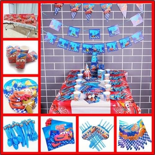 82pcs Lightning Mcqueen 95 Cars Tablecloths Birthday Party Supplies Cartoon Disposable PE Plastic Birthday Party Set