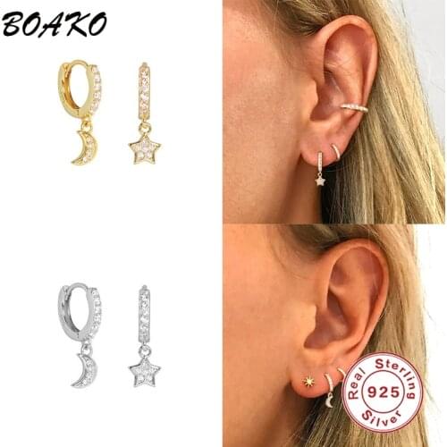 BOAKO Real 925 Sterling Silver Asymmetrical Star Moon Pendant Hoop Earrings Crystal Zircon Charms Earrings For Women Girls Gift