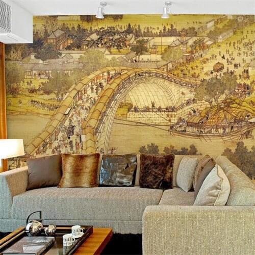 Beibehang Large Custom 3D Wallpaper Vintage Qingming Shanghe Figure Living Room Bedroom Sofa TV Background Decorative