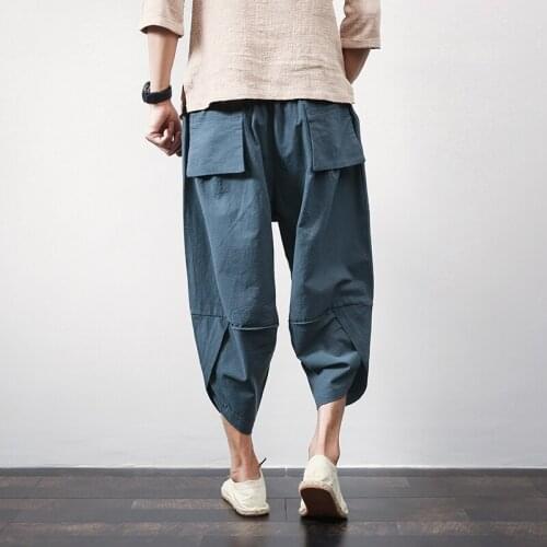 Linen China wind loose jogging pants beam cotton and linen pants mens wide-bodied harem pants loose summer big section nine poi