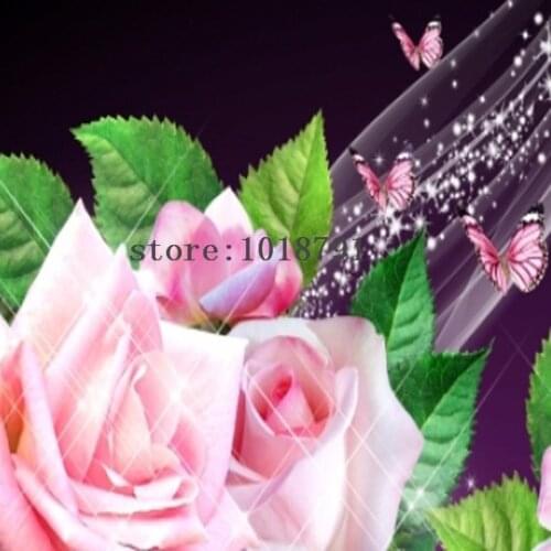 Diy Diamond Painting Pink Rose Flower Cross Stitch Wall Sticker Diamond Embroidery Resin Full Diamond Mosaic Flores Butterfly