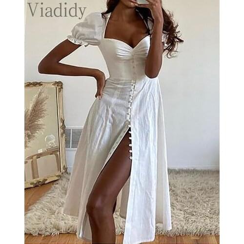 Elegant Solid Color Puff Sleeve Midi Dress Button Front High Slit Design Women Short Sleeved A-Line Dress