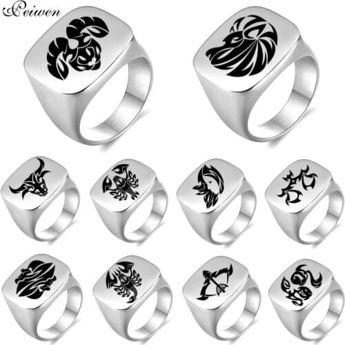 Leo Libra Taurus Scorpio 12 Constellation Ring Stainless Steel Zodiac Sign Rings For Men Women Birthday Gift Square Punk Rings