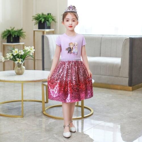 Frozen 2 Anna Elsa Summer Short-sleeved Princess Dress Anime Cartoon Print with Glittering Sequins