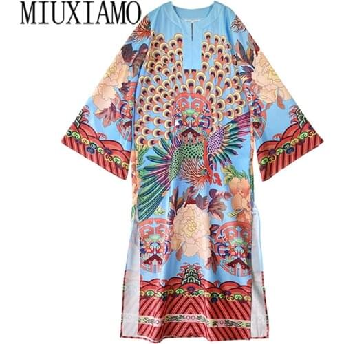 MIUXIMAO 2021 Bohemian Plus Size Dress o-neck Maxi Dress Women Silk Floor Length Brid Print Kaftan Loose Dress
