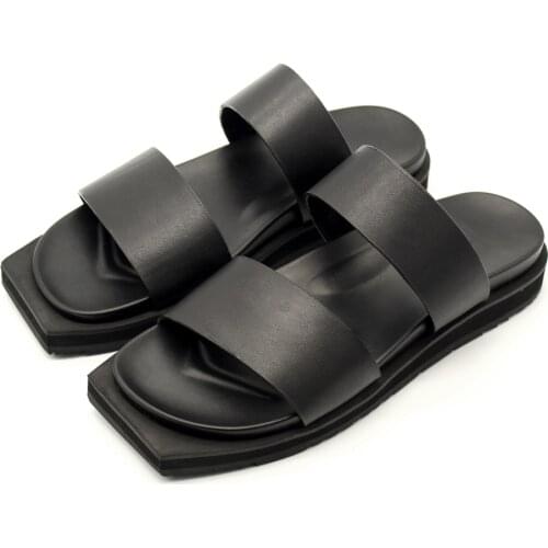 Men black slippers Superior genuine leather Cowhide Full Grain leather Handmade Summer Beach Sandals Flat heel Rome Style