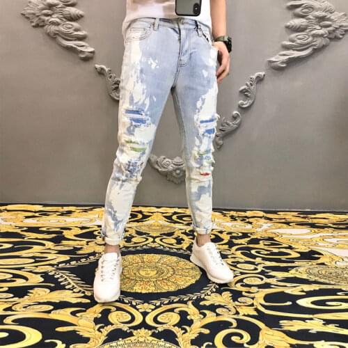 High Street Fashion Brand Hole Patch Diamond Jean For Men Jeans Hombre Graffiti Hot Drill Jeans Mens Light Blue Ripped Tights
