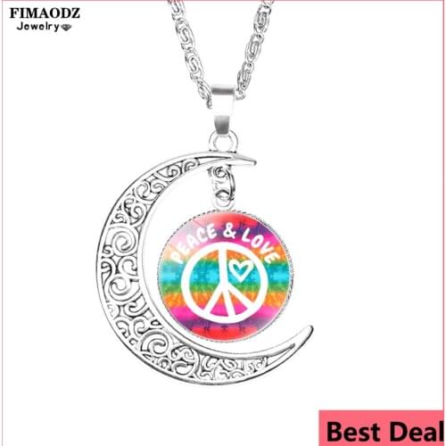 FIMAODZ Sign Love And Peace Necklace Glass Cat Paw Rainbow Flag Pattern Charm Moon Pendant Necklaces Friendship Jewelry