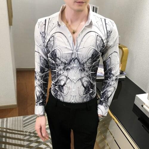 Luxury Black White Men Flower Shirt Fashion Spring Floral Shirt Korean Slim Fit Casual Men Social Shirt Long Sleeve Night Club