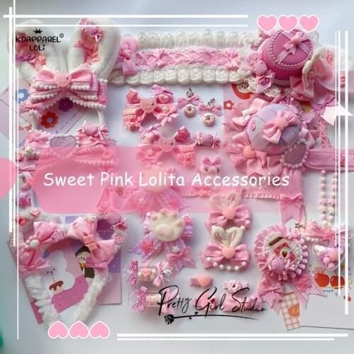 Pink Sweet Women Lolita Accessories Headband Bear Ears KC Side Clips Sweetheart Ribbons Cute Girls Teens Hairbands Cosplay Party