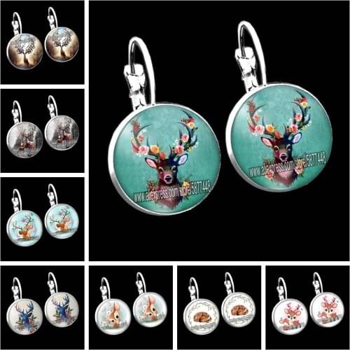 Beautiful Elk Deer Glass Stud Earring Fashion Cartoon Sika Deer French Hook Earrings Flower Horned Deer Earring for Women