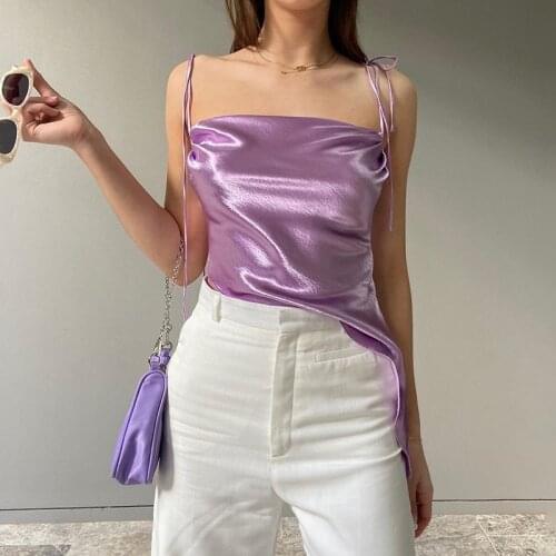 SEASONS Irregular Satin Sleeveless Cami Top Tie Up Casual Skinny Spaghetti Strap Tops Tees Women Summer High Street ASVE81380