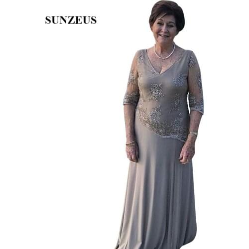 V-neck Half Sleeves Mother Of The Bride Chiffon Dress Long A-line Appliques Lady Wedding Party Gowns Formal Guest Dress