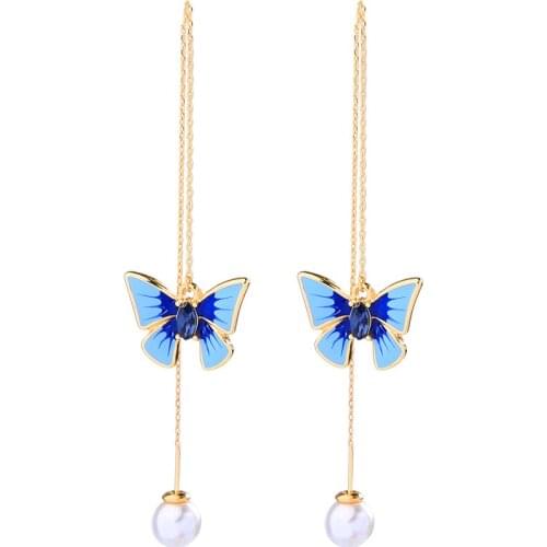 Timlee E304 New Temperamental Butterfly Cherry Blossoms Ginkgo Leaf Imitation Pearl Alloy Long Drop Earrings Wholesale