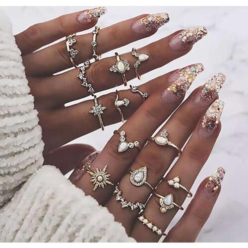 ZHINI Bohemia Vintage Silver Ring for Women New Fashion Gold Ring Punk Hollow Triangle Water Drop Ring Set Personality Jeweley