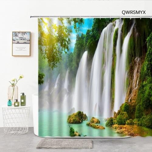 Sunny Forest Waterfall Scenery Shower Curtains 3D Natural Landscape Bathroom Decor Curtain Home Background Wall Hanging Cloth