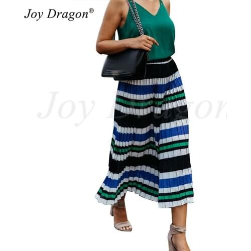 Primavera Verano 2020 Womens Pleated Midi Skirts Casual Full Length Chiffon Cloth Striple Polyester Long Skirt Falda Plisada