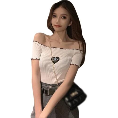 Womens Slash Neck T Shirts Summer Short-Sleeved Casual Slim Tops Lady Exposure Navel Knitted Tee