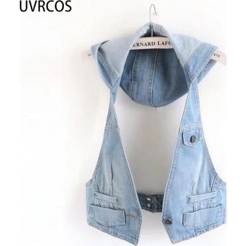 UVRCOS Mode Femme Denim Vest Jacket New Fall 2021 Womens Fashion Denim Vest Jacket Hollow Out Sleeveless Hoodied Hot Streetwear