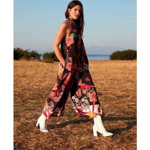 Women Dark Brown Floral Patterned Wide Leg Halter Collar Jumpsuit Spring Summer Beach Holiday Casual Bohemian Style 2021 New