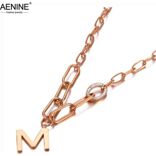AENINE Goth Titanium Stainless Steel Clay Crystal M Letter Pendant Necklace For Women Trendy Chain & Link Necklace AN20099