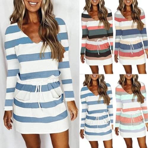 2021 Summer New Womens Dress Striped Drawstring Plus Size Casual V-Neck Long Sleeve Sexy Dresses Ladies Pocket Beach Dress