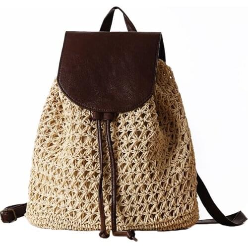 4PCS / LOT Summer New Knitting Backpack Straw Woven Bag Vacation Casual Beach Bag Women Girls Backpack Rucksack