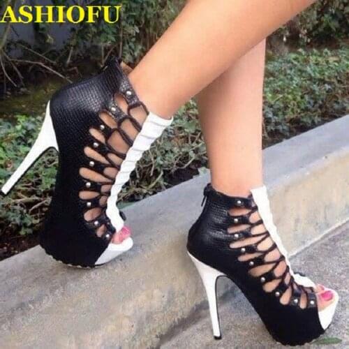 ASHIOFU Hot Sale Handmade Womens Sandals Cross-straps Peep-toe Sexy Club Party Prom Shoes Platform Evening Fashion Sandals Shoes