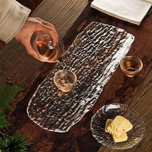 Japanese Style Water Wave Texture Design Tea Tray For Teacup Tea Cake Transparent Glass Tea Plate For Home Hotel Office Teahouse