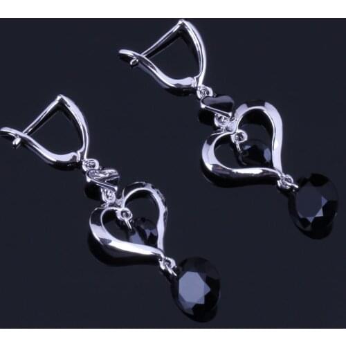 Clean Heart Shaped Round Black Cubic Zirconia Silver Plated Drop Dangle Earrings V0828