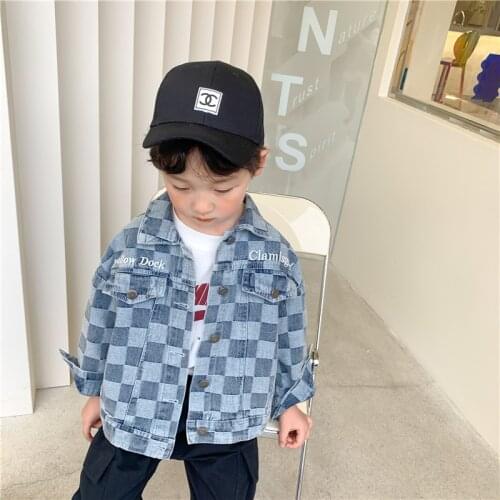 2021 Fall Children Plaid Denim Jackets Kids Single breasted Clothing Boys and girls Turn-down Collar Letter Casual Coats 2-7Y