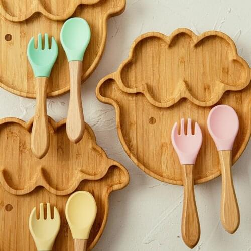 Wooden Dinner Plate Silicone Suction Cup Non-slip Waterproof Fork Spoon Baby Feeding Tableware Baby Feeding Plate Free BPA