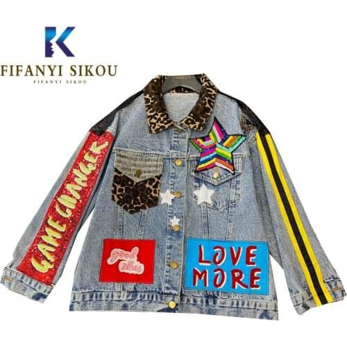 Hip hop Denim Jacket Women Fashion Embroidery Sequins Jeans Jacket Loose Long sleeve Jeans Coat Female Streetwear 2020 New