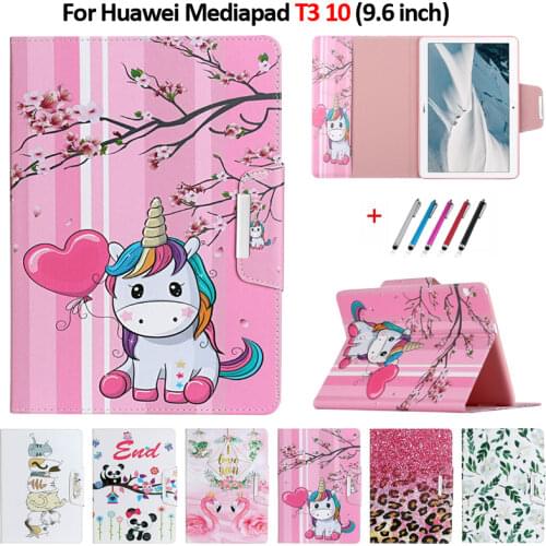 Cute Unicorn Panda Cat Tablet Cover For Funda Huawei Mediapad T3 10 Case 9.6" Leather Stand Cover For Huawei Mediapad T3 10 Case