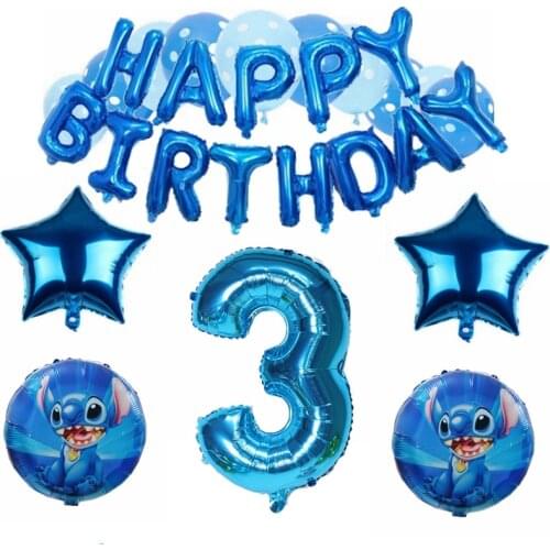 1Set Stitch Party Supplies Blue Stitching Happy Birthday Flag Ornaments 32inch Number Foil Balloons Decorations Boy Suit