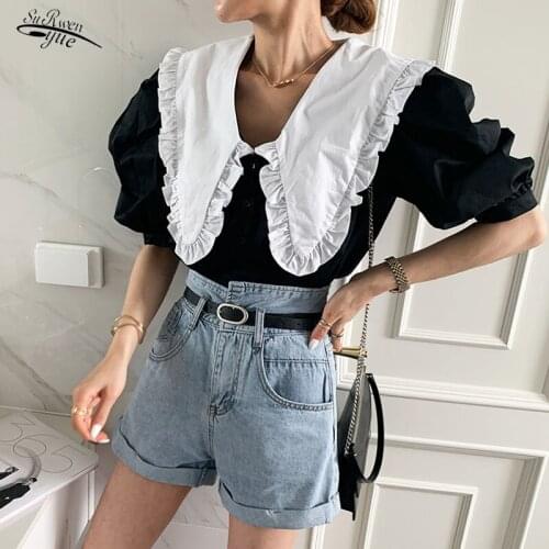 New girly style lapel puff sleeve womens shirt with ruffled summer retro blouse womens blouse loose womens clothing 15554