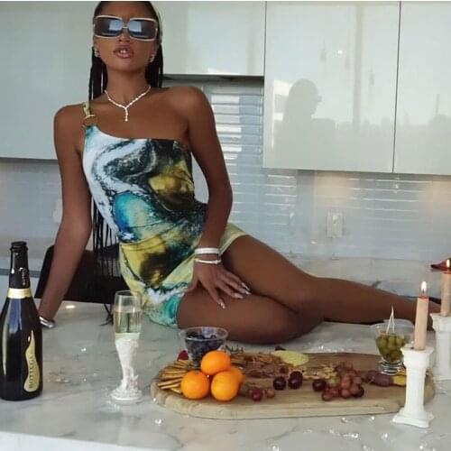 Sexy Print Dress Woman Sleeeveless Mini Slim Dresses Party One Shoulder Female Bodycon Midi Robe Femme Summer Dress 2021