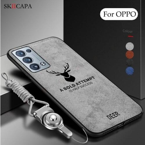 Elk Pattern Canvas Cloth Texture Phone Case For OPPO Reno 6 5 4 Pro Plus Find X3 X2 Pro Necklace Lanyard Shockproof Phone Cover