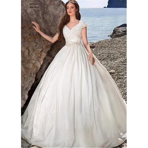 Sleeveless Silk Taffeta V-neck Sweep Train Floor-length Lace Up Ball Gown Cap Sleeve Simple Boho Wedding Dress 2020 Plus Size