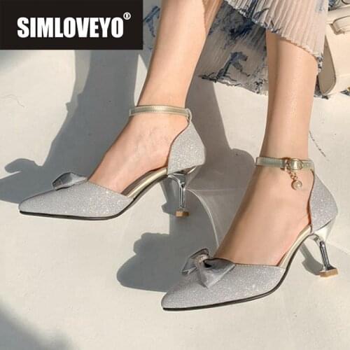 SIMLOVEYO New 2021 Women Pumps Pointed Toe 6.5cm Strange Heels Bowtie Buckle Pearl Stylish Sweet Big Size 32-43 Date A3809