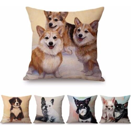 Lovely French Bulldog Border Collie Puppy Dogs Pil Painting Home Decorative Sofa Throw Pillow Case Linen Husky dog Cushion Cover