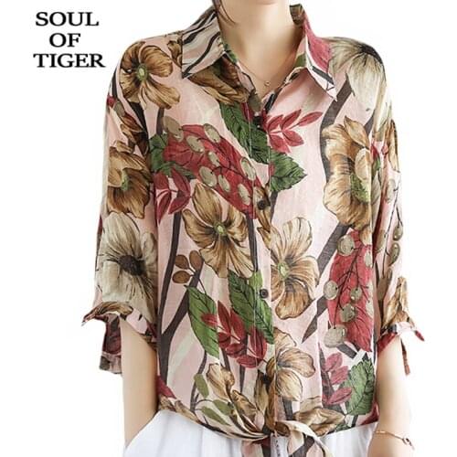 SOUL OF TIGER Summer British Style 2021 Ladies Flowers Printed Blouses Women Linen Casual Shirts Female Vintage Tops Plus Size