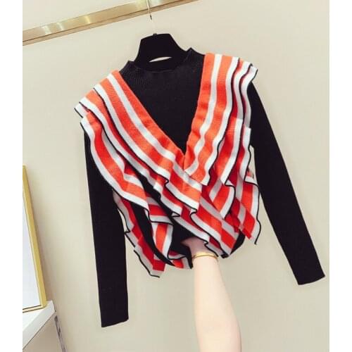 Ruffles Irregular Striped Stitching Sweater Womens 2020 Autumn Winter New Color Matching Sweaters Lady Warm Knitwear Jumper