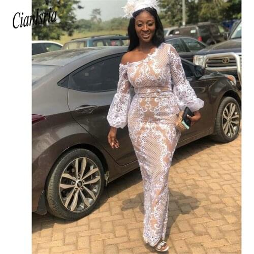 Champagne One Shoulder Mermaid Evening Dress With White Appliques Long Sleeve Formal Evening Party Dresses